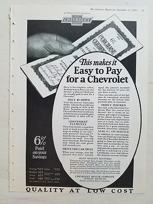 1925 Chevrolet Car Purchase Certificate Easy to Pay Low Cost Original Ad