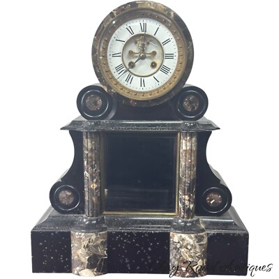 antique 1870 french victorian marble mantle & slate clock open escape 17 inch