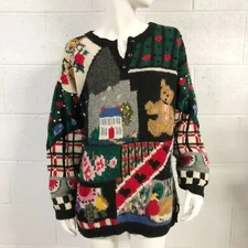 Womens The Eagle's Eye Vintage 80s Hand Knit Wool Grandma Novelty Sweater Size L