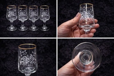 Vintage Blumen geätzte Gläser 4er Set Goldrand Fuß Glaswaren
