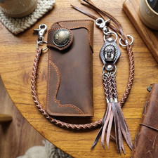 Handmade Men Genuine Leather Biker Wallet Long Longfold Chain Brown Indian Chief