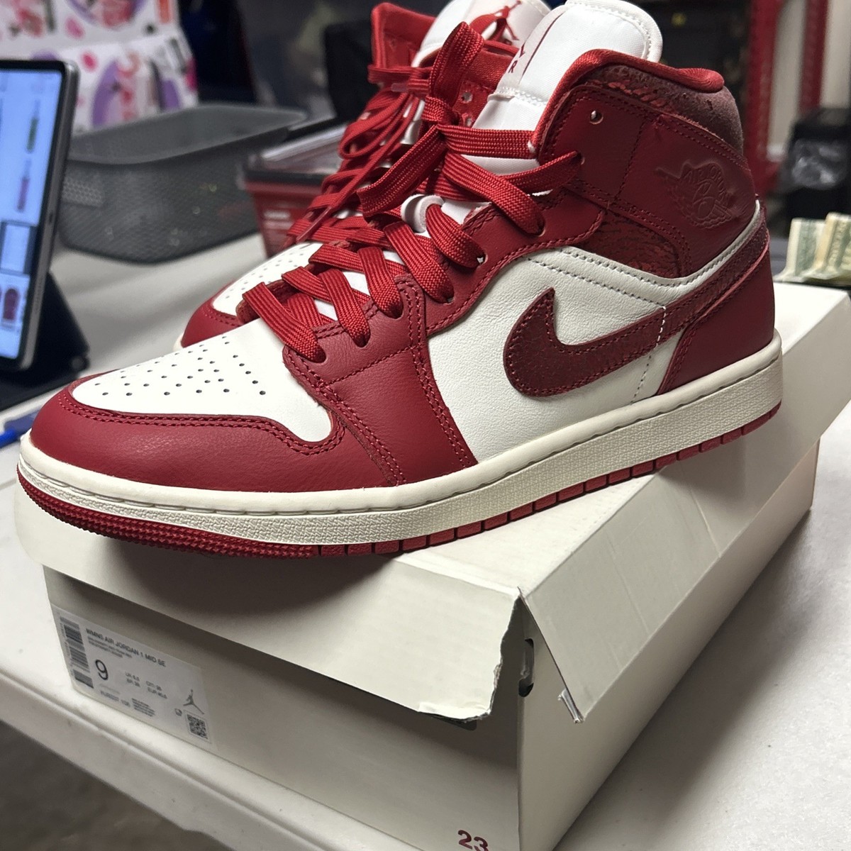 Nike Air Jordan 1 Mid SE Red Cracked Leather HJ9337-106 Womens