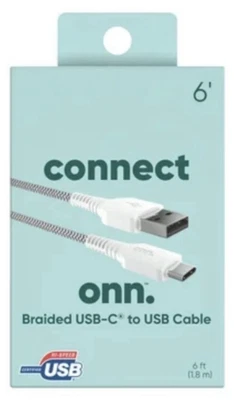 onn Braided USB-C to USB Type A Cable 6 ft (1.8 m) White Universal - Image 1 of 3