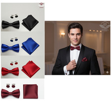 Bow Tie Cufflinks Handkerchief Plain Pre-Tied Set Men Wedding Tuxedo Accessories