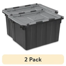 (2 pack) 12 Gallon Hinged Lid Industrial Tote, Storage Bin with FlipLid