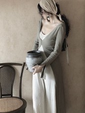 Sage Green Ribbed Knit Wrap Cardigan Tie Front Flare Sleeve Top One Size