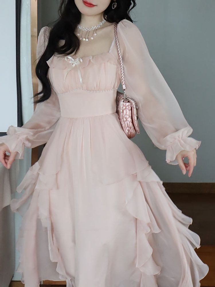 party dress korean style Midi Women Folds Elegant Zippers Flare Sleeve Chiffon Dresses Jill Stuart