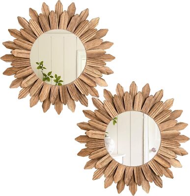2 Pack Boho Wall Decor Sunburst Mirror 12 inch Rustic Round Wood Mirror Boho