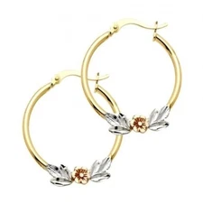 14K Solid Tri color Three Tone Gold Plain Flower Leaves Hoop Earrings 23mm