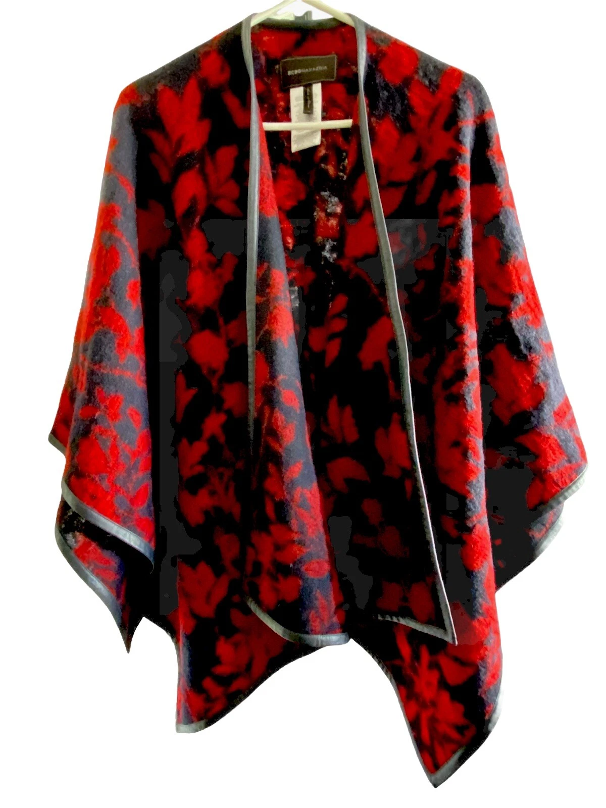 BCBGMaxazria Wool Blend Poncho Cape Sweater Charcoal Red/Navy Blue- One Size