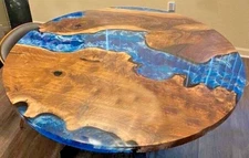 Round Blue Epoxy Resin Tabletop | Ocean Wave Design | Handmade Coastal Furniture
