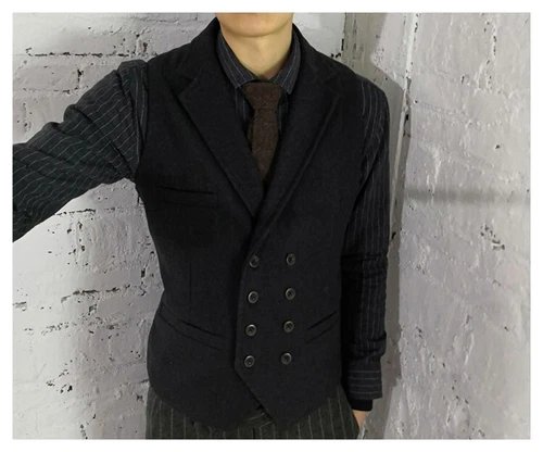 Tweed Men's British Style Wool Blend Retro Double-breasted Vest Waistcoat S-4XL - Picture 12 of 15