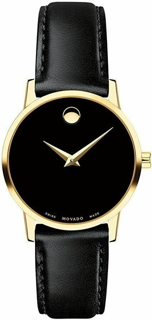 MOVADO SWISS MUSEUM CLASSIC BLACK DIAL GOLD SLIM LEATHER WOMENS WATCH 0607319