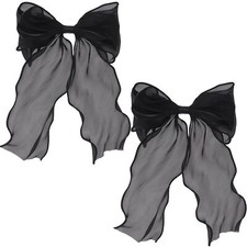 2Pcs Large Hair Bow Clips Black Silk Yarn Ribbon Bow Hair Barrette for Women ...