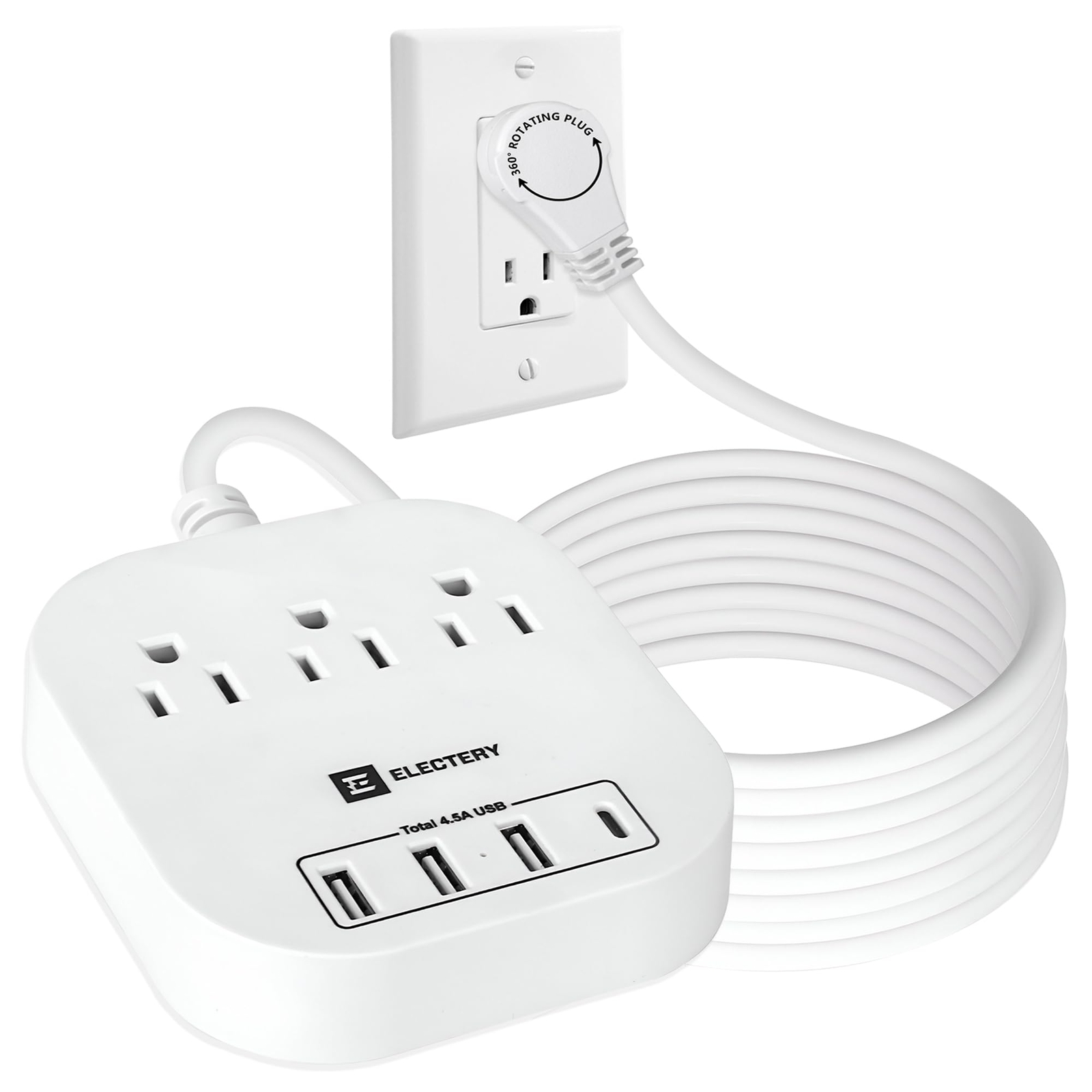Flat Extension Cord with 360° Rotating Plug 15 Ft Power Strip with 4 USB Wall...-image