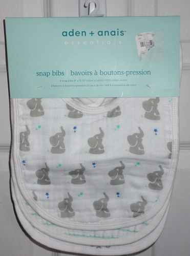 Aden + Anais 100% Cotton Muslin Snap Bibs 3-Pack 9" x 13" Elephants Green & Gray - Picture 1 of 8