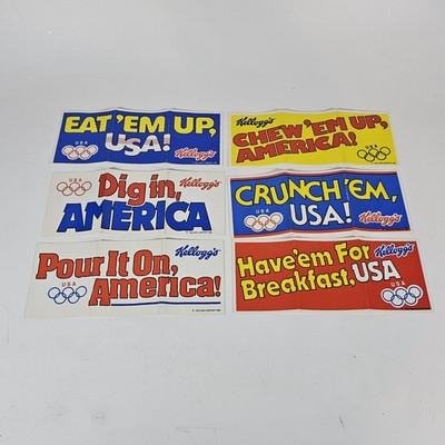 1984 Kellogg's Olympic Cereal Slogan Stickers Set Eat 'Em Up USA Promo Lot 6