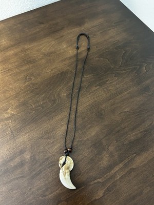 Tooth Pendant Necklace on Black Cord, Bone Animal Theme, Black/Beige