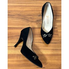 Size 6 1/2 A 1950s Vintage Black Suede Stiletto Pump Heels by Johansen