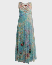 Johnny Was aqua Forever Flower chiffon embroidered mesh slip maxi dress XL NWT
