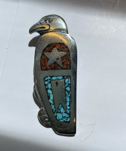 Vintage Sterling Silver Eagle Turquoise and Coral Inlay Pendant Signed CB 2”.
