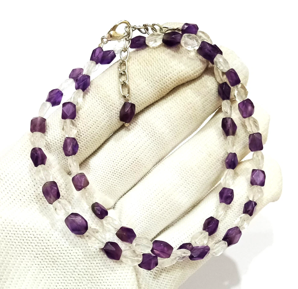 Collar de amatista natural y cuarzo transparente, collar de cuentas, cuentas facetadas Foto 4 de 4