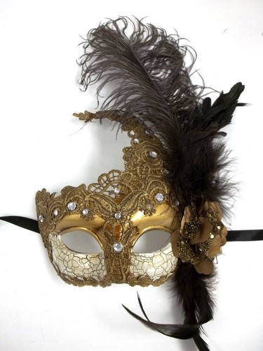 Feather Venetian Masquerade Costume Party Wedding Gold Lace Mask - Picture 9 of 12
