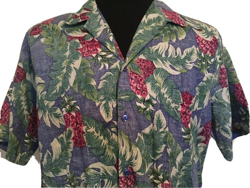 Hilo Hattie Hawaiian Shirt Mens XL Blue Green Pink Pineapples Vintage Cotton - Picture 3 of 11