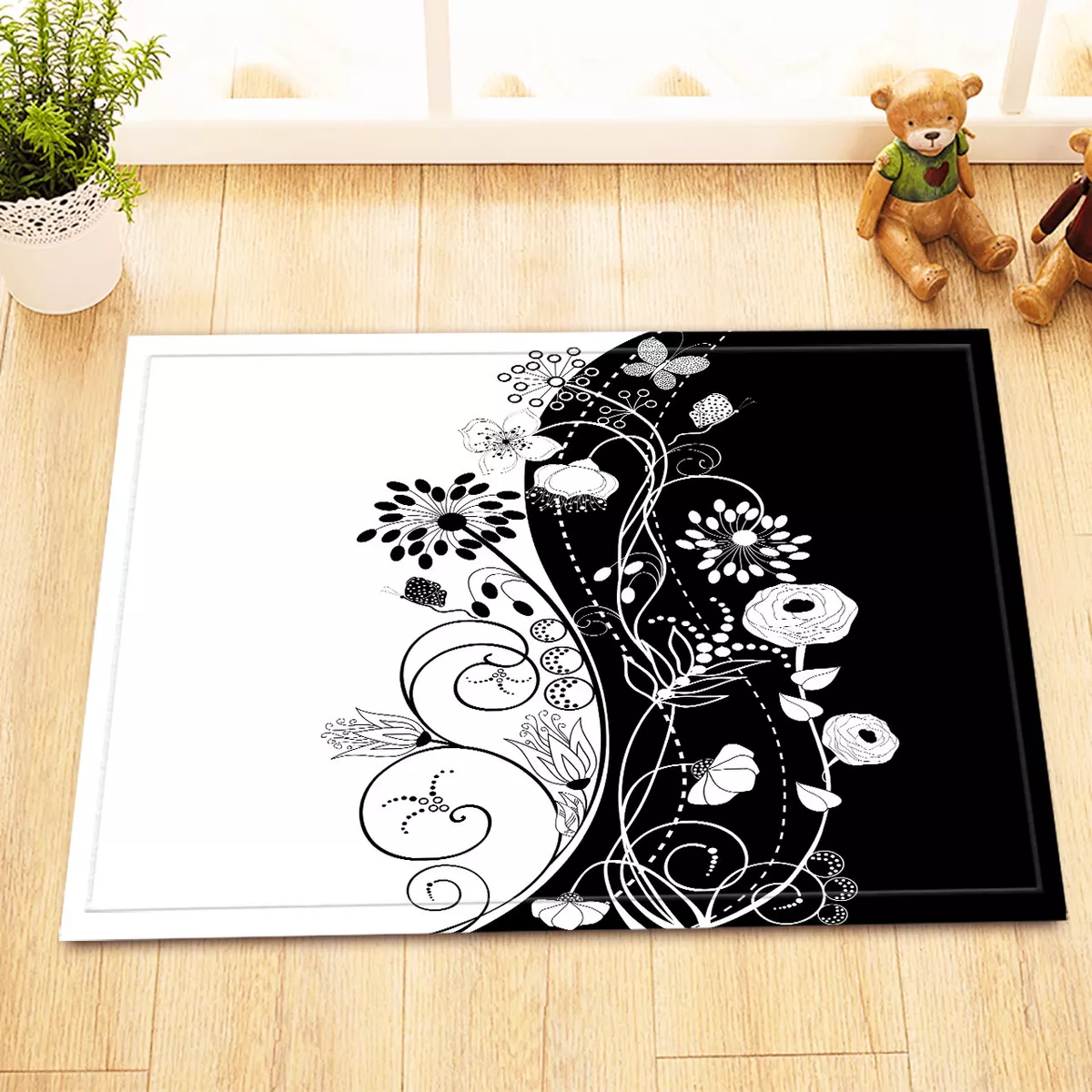 Shower Rug Black White Flower Floor Mat Kitchen Floor Rugs Carpet