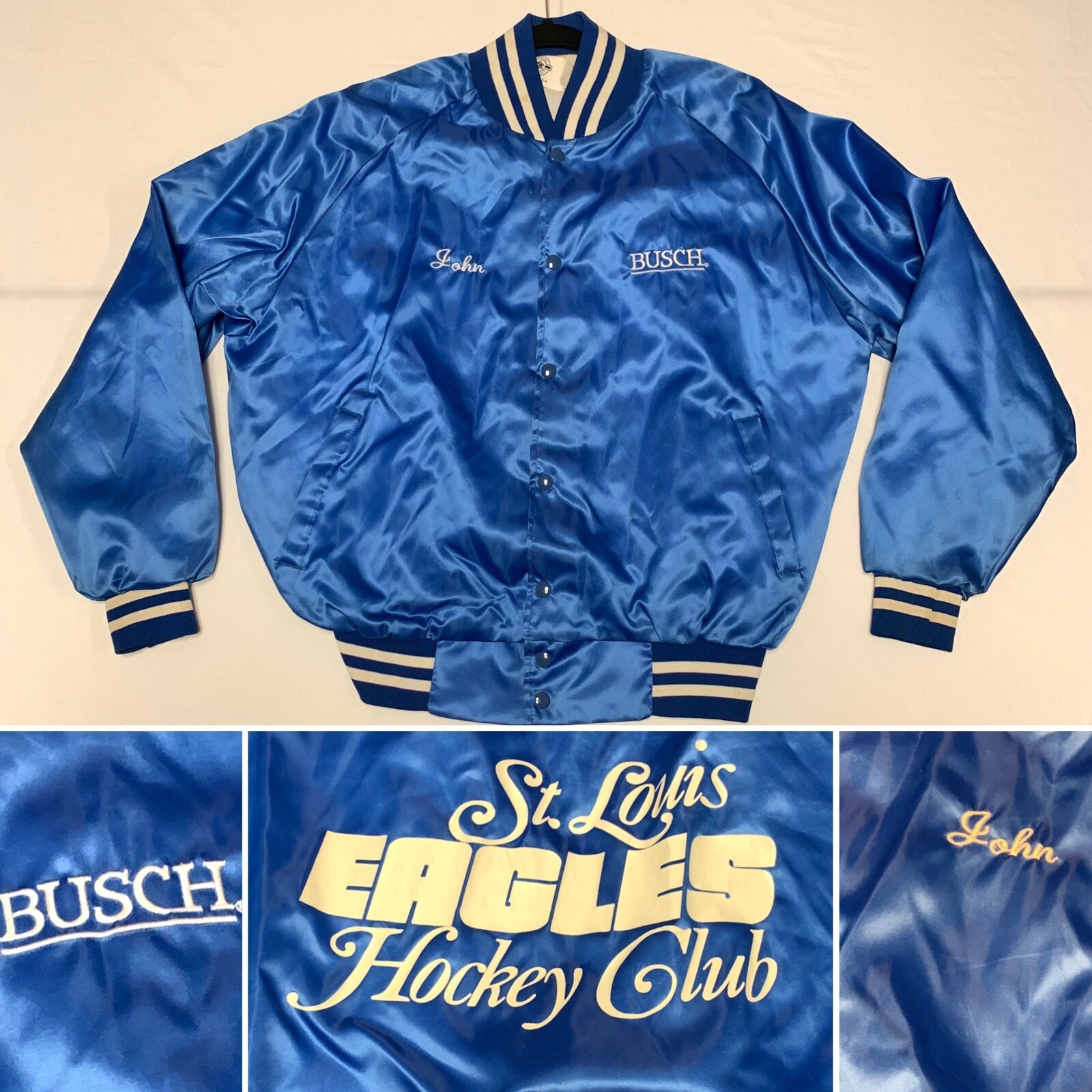 Vtg Busch Beer Royal Blue Satin Jacket Mens L Nylon S… Gem