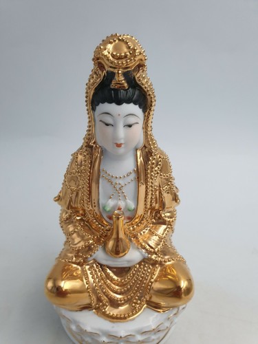 VINTAGE CHINESISCHE KWAN-YIN GUAN YIN GÖTTIN GOLD PERLEN SITZEND AUF LOTUS FIGUR - Bild 4 von 12