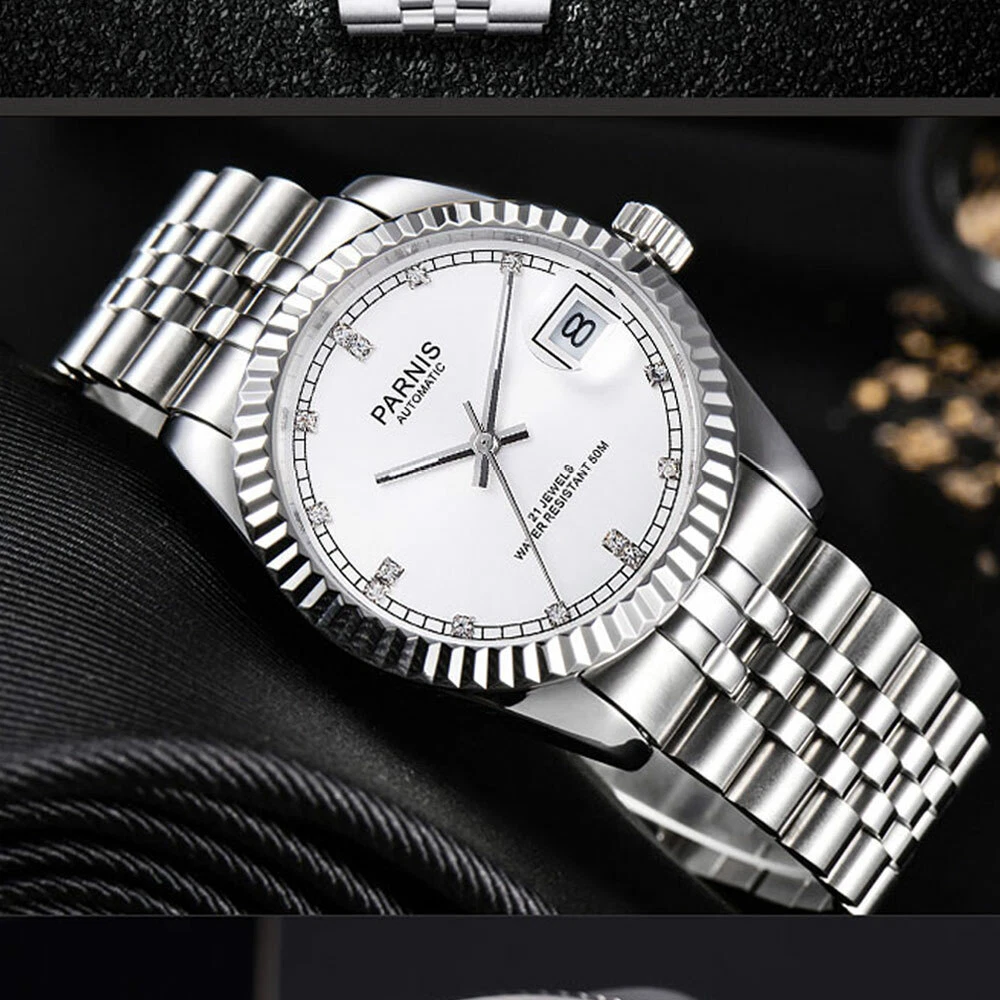 PARNIS 36MM Men Watch Fluted Bezel MIYOTA 8215 Dimond like Index
