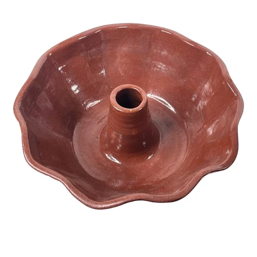 Vintage SJ Pottery BUNDT CAKE PAN 9" Redware Fluted Mold Bowl Dish Bethel MO USA