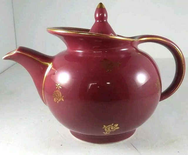 Vintage Hall China Teapot 0693, Windshield Burgundy & Gold Accents, 6