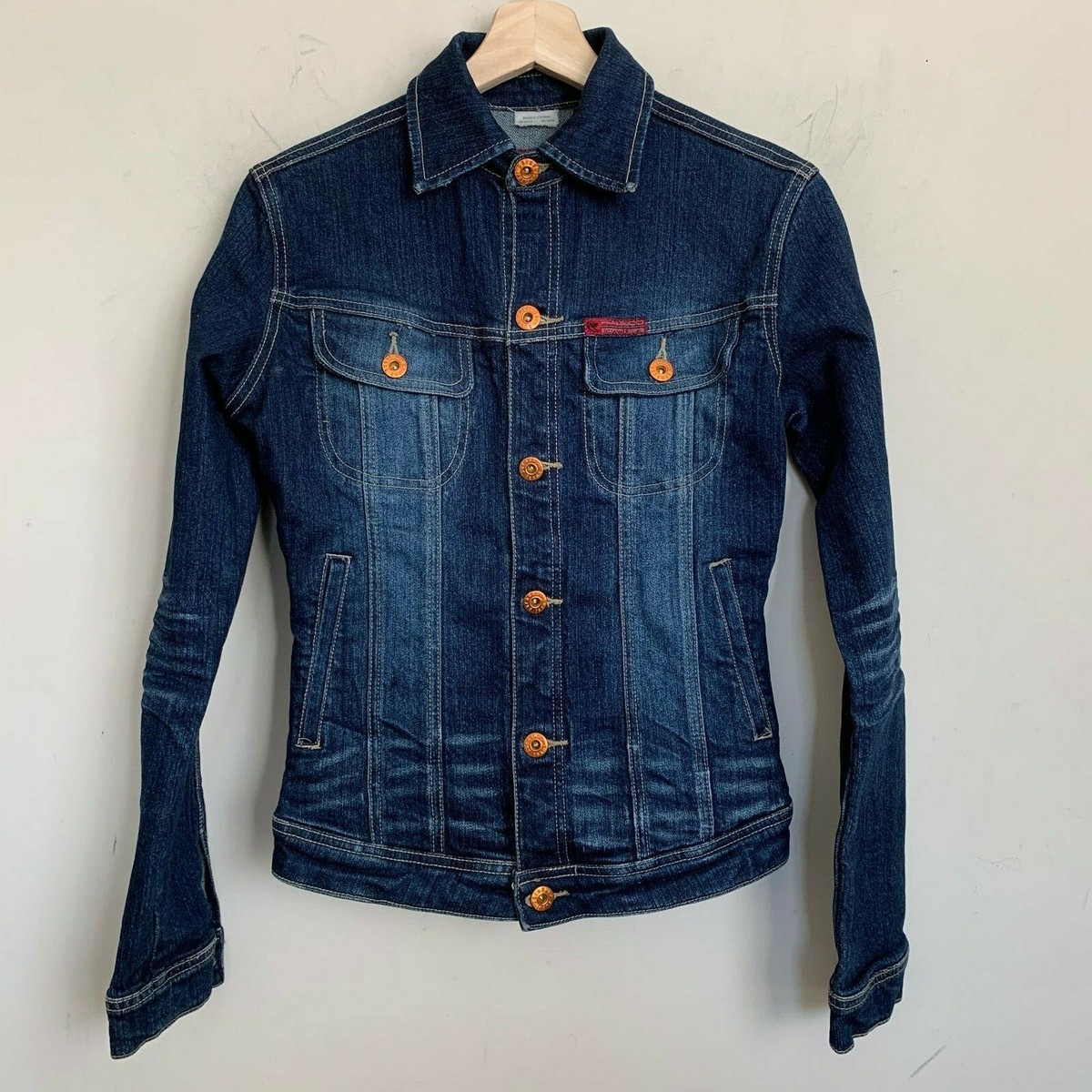 Parasuco Jacket Blue Denim Dark Wash Collared Gold Tone