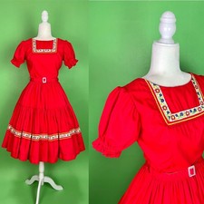 Vintage Red Square Dancing Dress Ric Rac Floral Trim Full Circle Skirt - XS/S