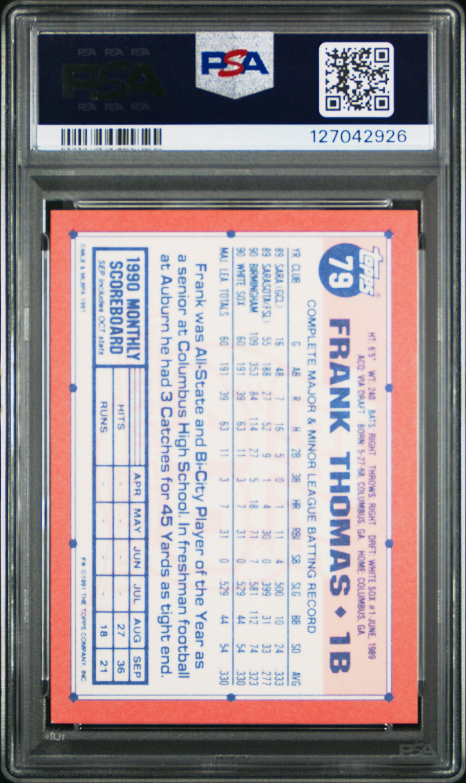 1991 TOPPS TIFFANY #79 FRANK THOMAS PSA 10 view 2