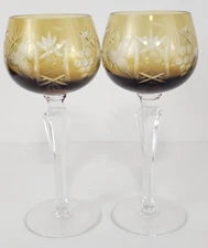 Lot 2 Bohemian Cut to Clear Amber Wine Hock Glasses Traube Grape Pattern 8"T