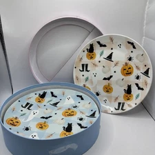 Halloween Ghosts Pumpkin Bats Scene Harvest Green Studio Set of 4 8" Plates New