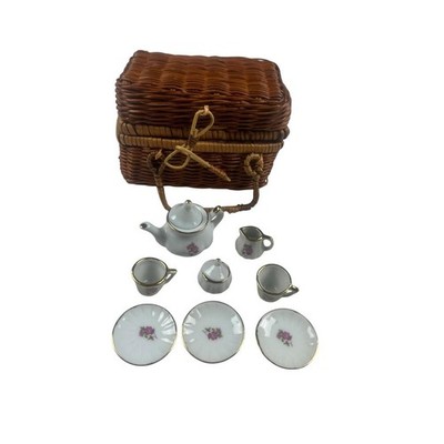 Delton Mini Basket Tea Set Includes Basket Porcelain Elegant Vintage Inspired