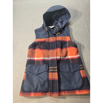 Orvis Women XS Plaid Hooded Vest Orange Navy Blue Quilted Lining Full Zip Toggle