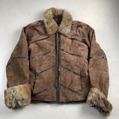 KC Collections Brown Suede Leather Jacket Rabbit Fur Trim Chevron Piping Small