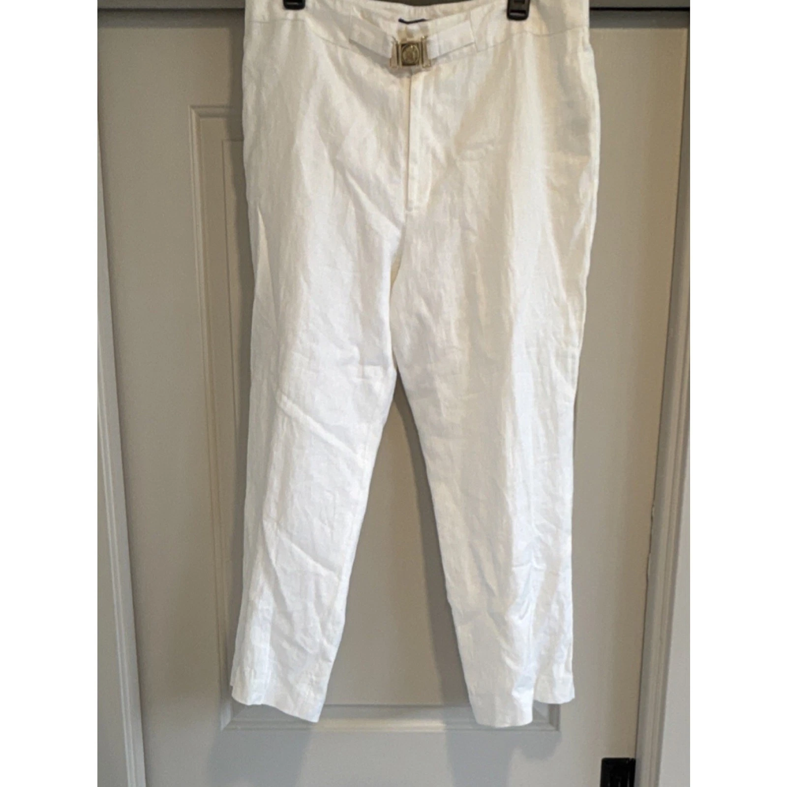 Chaps Linen 100% Flat Front, Gold Buckle, Zip Button Women's Capris Lined Sz 12