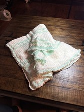 Handmade Crocheted Baby Afghan With Matching Bonnet/Hat White and Mint 38  x40  