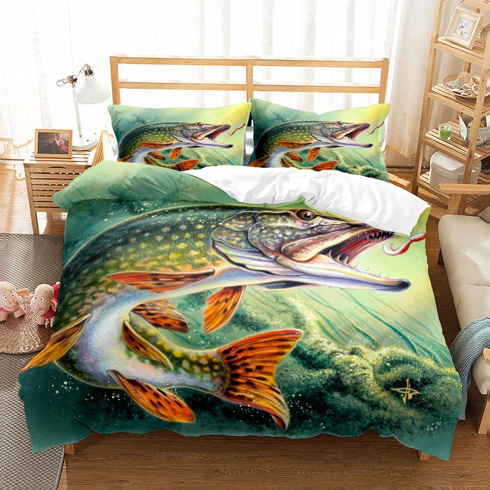 Ocean Fish Fishing Duvet Quilt Cover Single Double King Bedding Set  Pillowcase