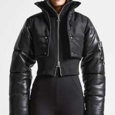Manière De Voir Vegan Leather And Nylon Layered Puffer Jacket - Black - Uk 12