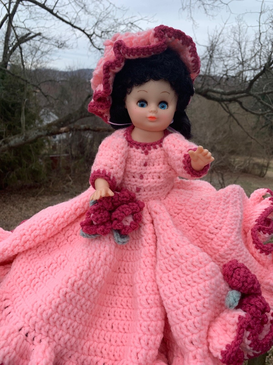 Crocheted Doll Dress Pink Black Victorian Edwardian Crochet & Hat.