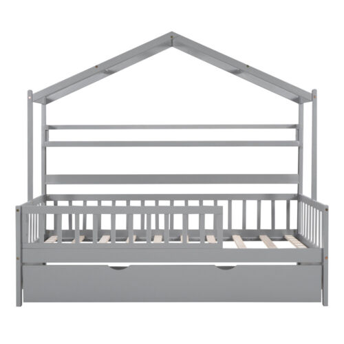 Wooden Twin Size House Bed with Trundle and Storage, Kids Bed with Shelf, Gray - Picture 6 of 15