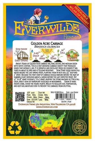 1 Oz Golden Acre Cabbage Seeds - Everwilde Farms Mylar Seed Packet - Picture 2 of 3