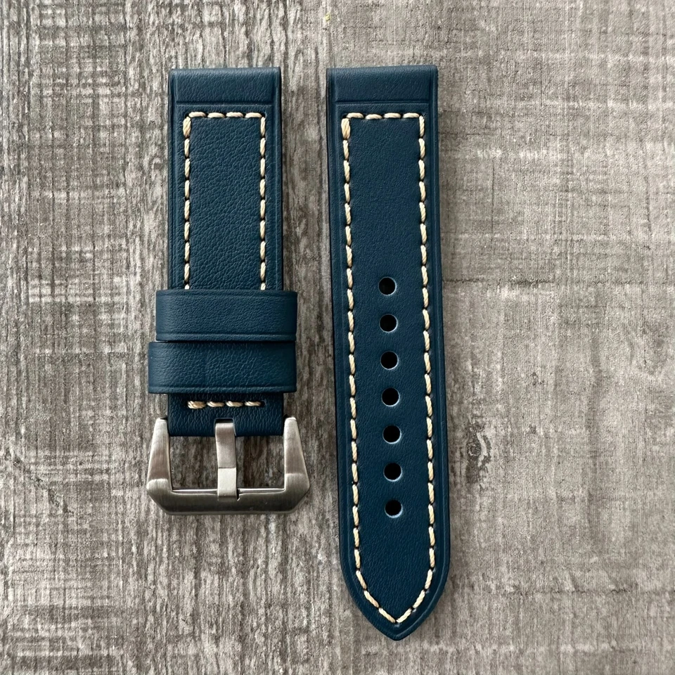 24mm Épais Bleu Foncé Bracelet Montre Cuir Bande Pour Officine Panerai Pam - Photo 4/4